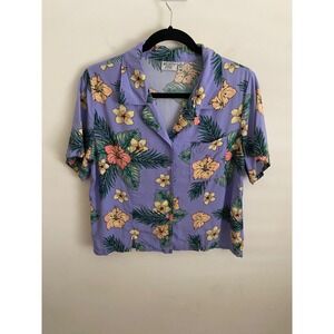 Mighty Fine Womens Purple Tropical Hibiscus Floral Rayon Camp Shirt Medium MD